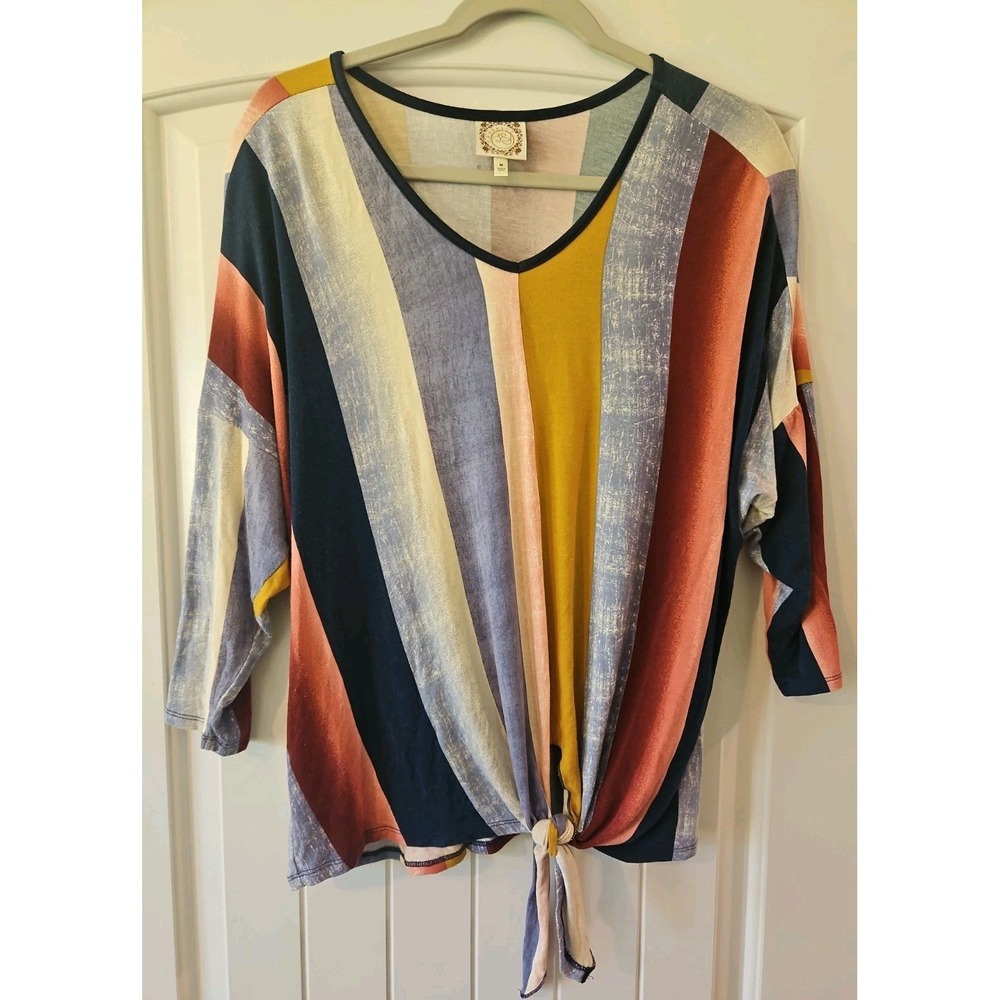 Truself Blouse Short Sleeve Womens Medium Striped Tie Front Shirt Artsy